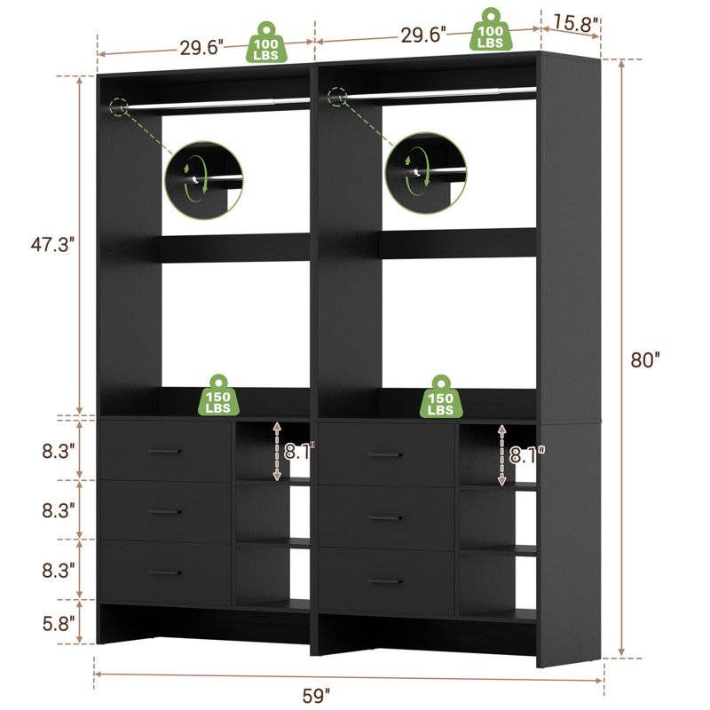 5ft Closet System with Wooden Drawers and Hanging Rods, Black