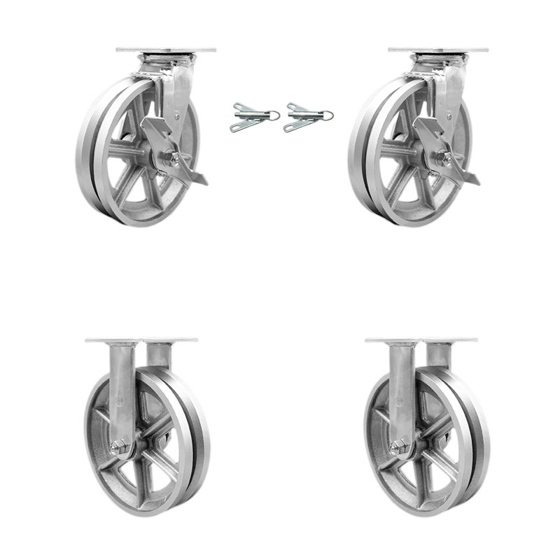 Ensemble de 4 roulettes semi-rigides en acier 4 pièces avec 2 freins / 2 verrous pivotants rigides