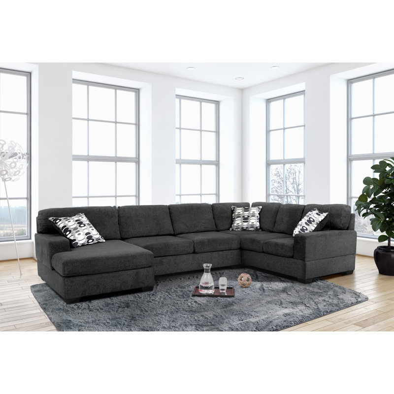Canapé modulaire en chenille réversible de 142 po avec méridienne 142 po OLYMPIA, Gris chenille