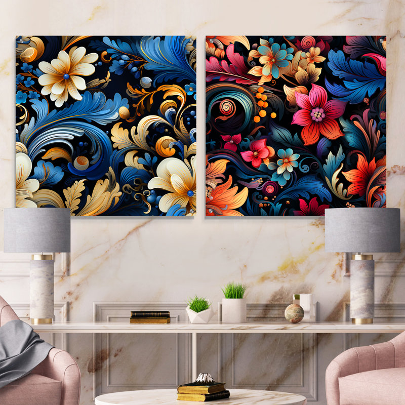 Motif de motif cachemire ethnique II - ensemble abstrait d'art mural en verre acrylique sur 2, H 36 po x l 73 po