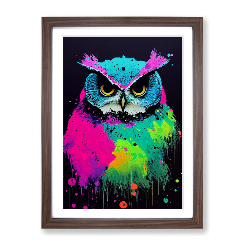Paint Splashed Owl No.5 Abstract - Single Picture Frame Painting, 64cm H x 46cm W x 2cm D, Walnut
