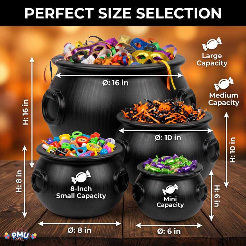 Halloween Cauldron Multi-Pack Assortment Plastic Black 4Pc Set (1pc 12in, 1pc 10in, 1pc 8in,1pc 6in)