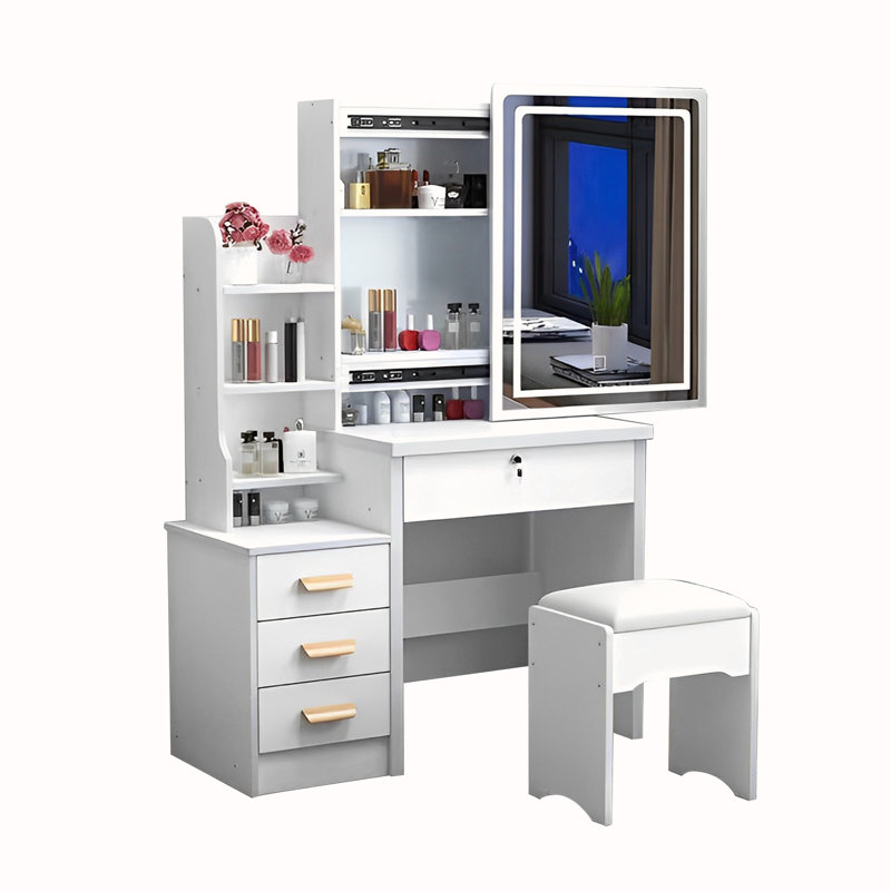 Coiffeuse de maquillage blanche avec miroir et tablettes de rangement, bureau à 3 tiroirs avec tabouret, coiffeuse moderne pour chambre à coucher et salon