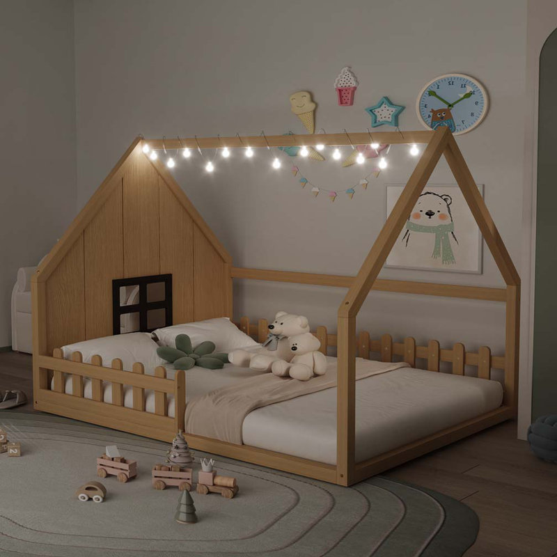 56.8"Wood House Bed with Window and Fence, Natural