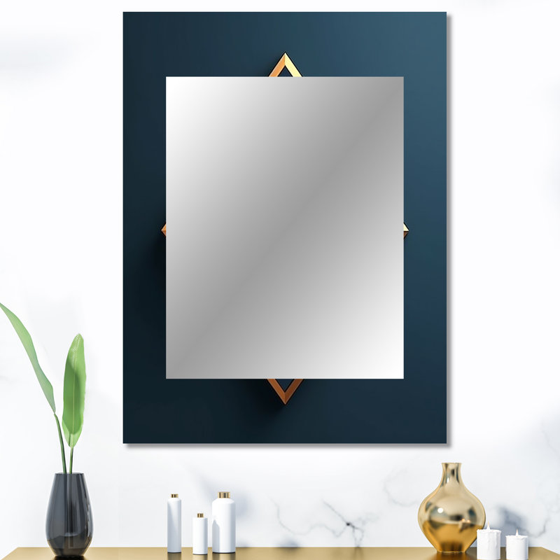 Retro Diamond Geometry in Blue And Gold I - Geometric Large Mirror, Blue Unique Wall Mirror Decor, Printed Metal Art