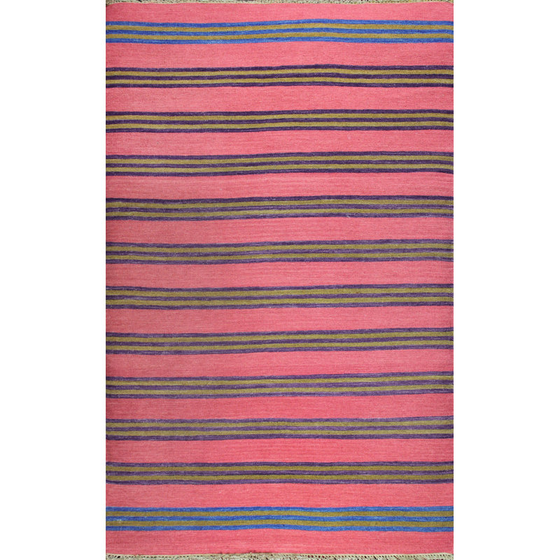 Tapis rose / bleu en laine tissé à la main Patridge, Rectangle 2 pi x 3 pi