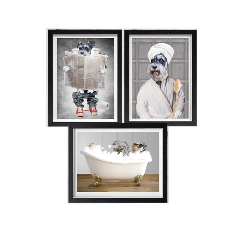 Set of Schnauzer Funny Bathroom Prints - Dog on Toilet Wall Art - Dog Print