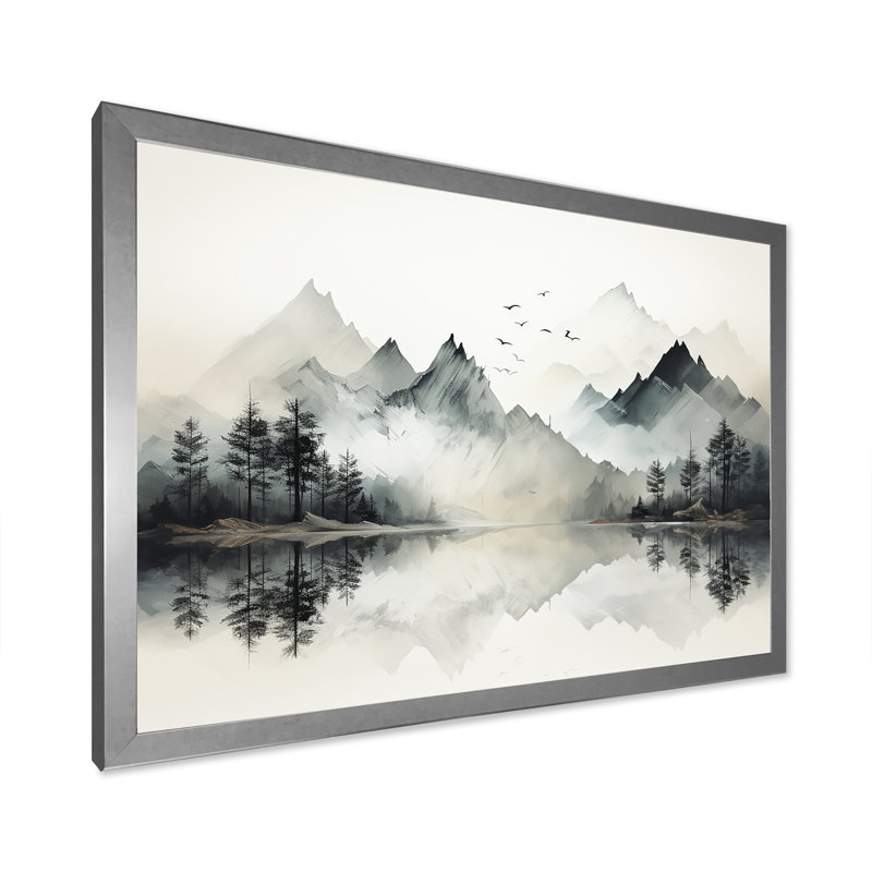 Aquarelle, rêve de lac et de forêt I, Cadre simple argenté, H 12 po x l 20 po x P 1 po