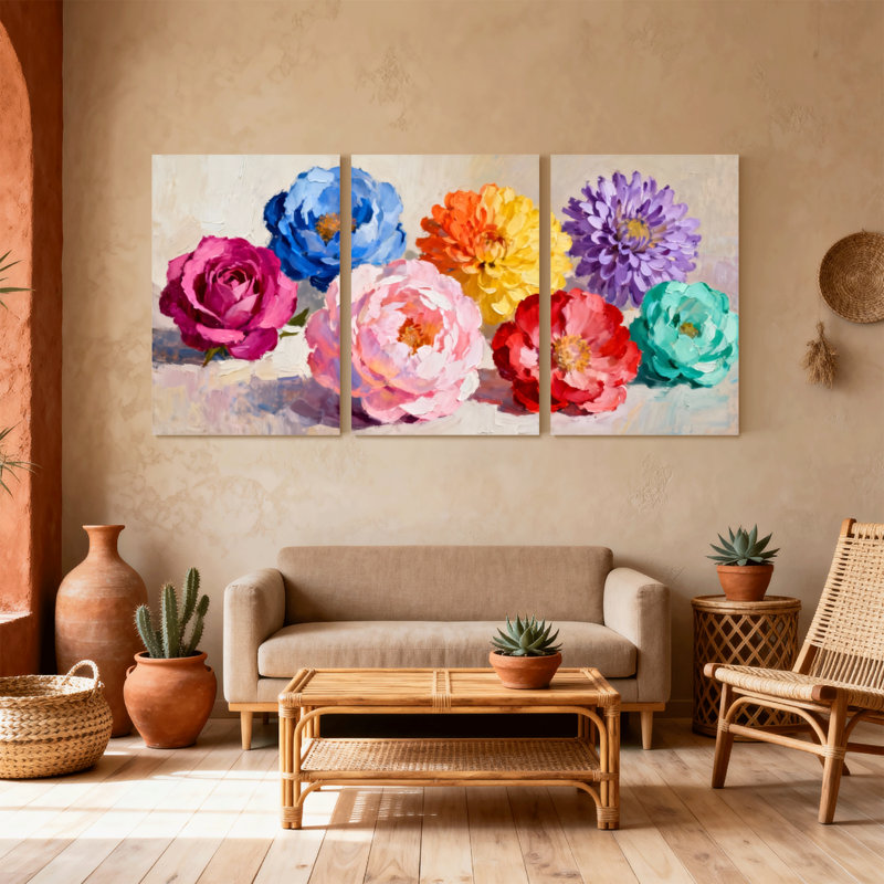 Plantes et fleurs, fleurs colorées sur toile, ensemble de 3 impressions sur toile, H 36 po x l 72 po