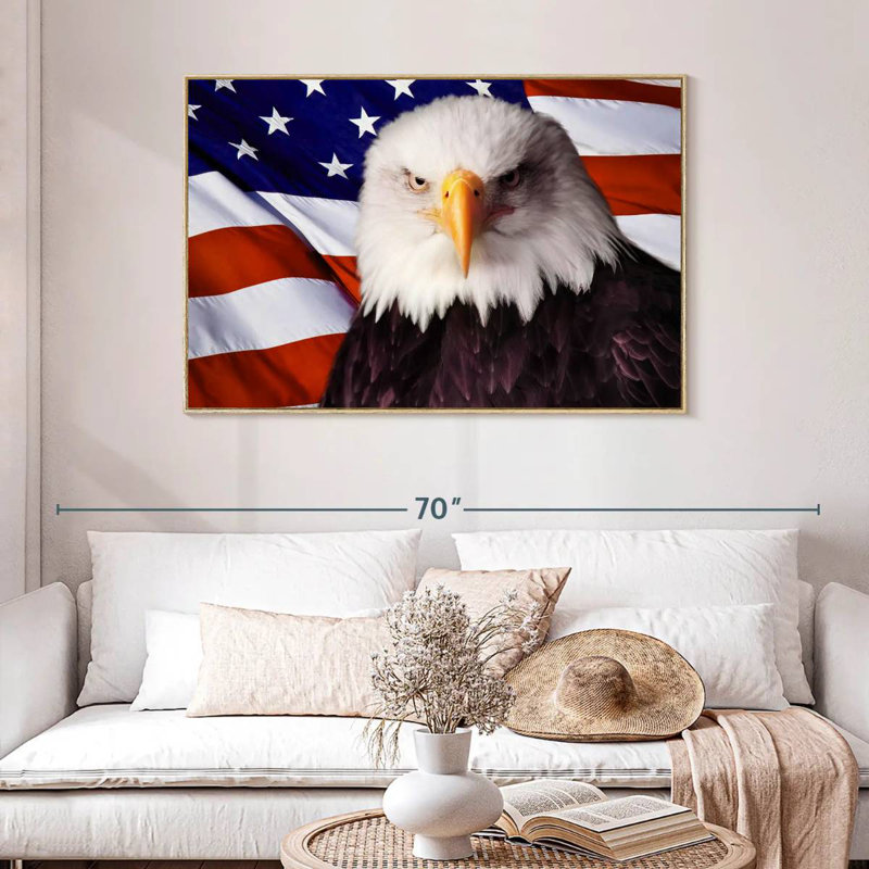Drapeau américain, aigle à tête blanche, Cadre flottant en bois naturel, 46 po x 31 po