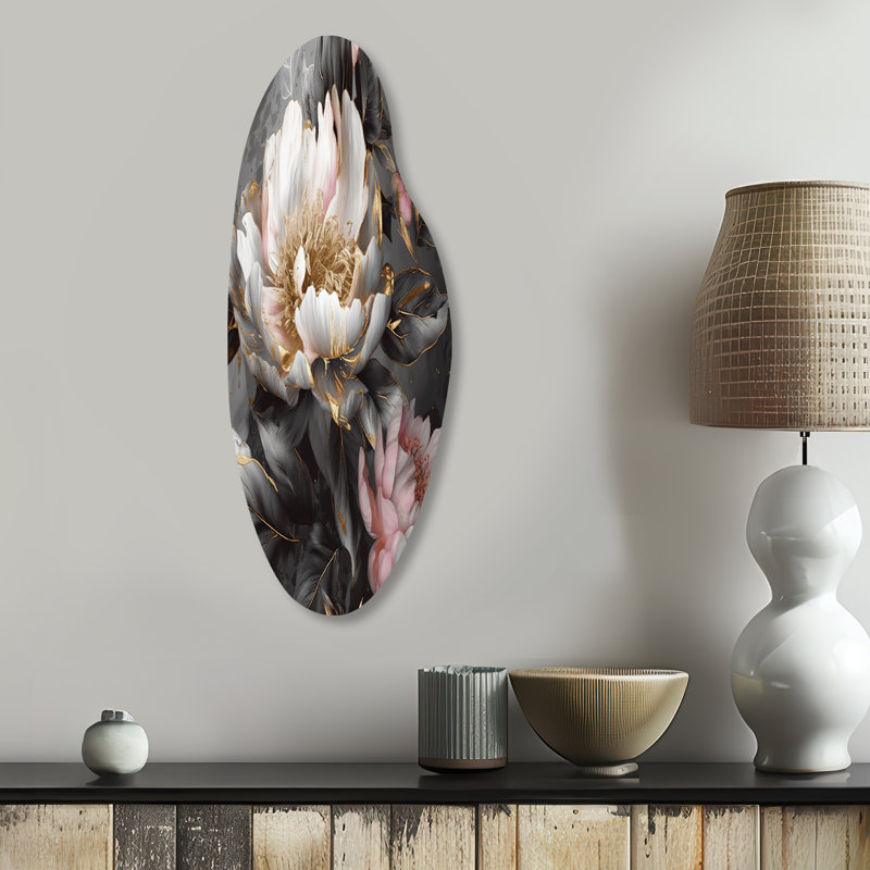 Pink Grey Peonies Blooming II - Peonies Curved Shape Assymterical Metal Wall Art, 30" H x 11" W