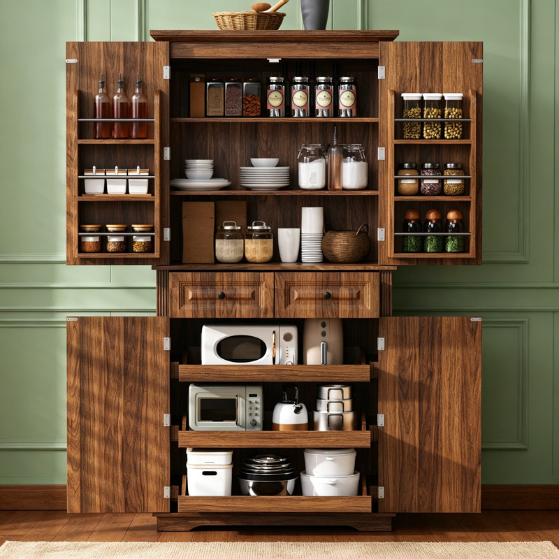 Armoire-penderie avec tablettes coulissantes, tablettes et tiroirs Pierce, Brun