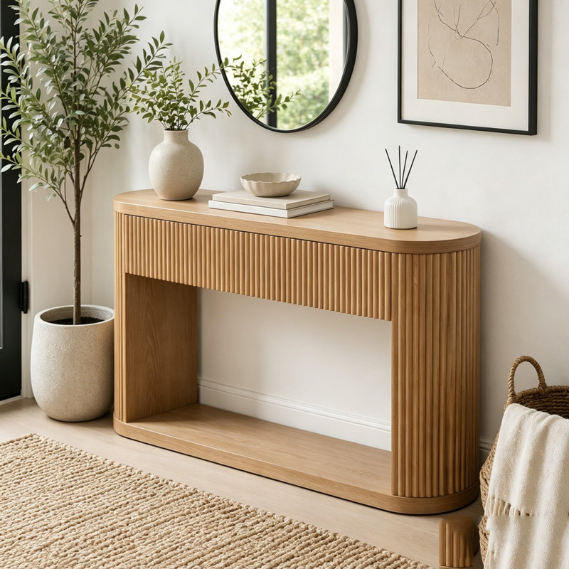Console ovale cannelée avec 2 tiroirs et tablette inférieure, Natural