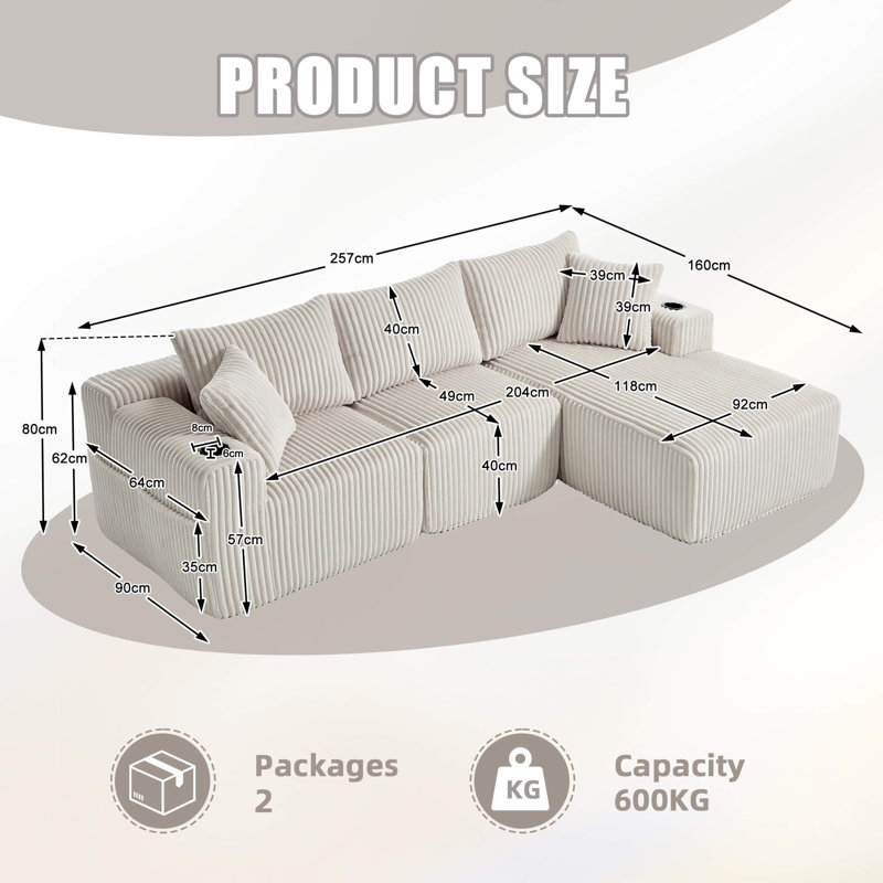 3 Seater Corduroy Modular Corner Sofa with Storage