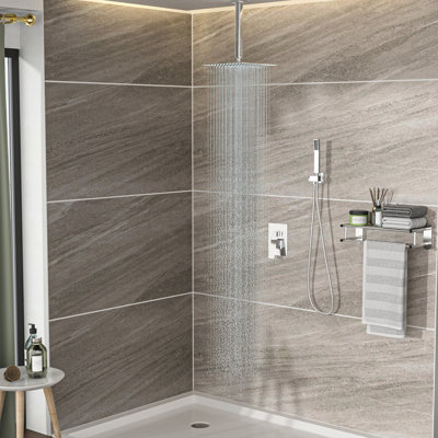 Douche de 16 po à fixation au plafond - double tête avec soupape équilibrée, pluie et installation à la main, résistance à l'oxydation facile, système carré de 16 po de flottabilité