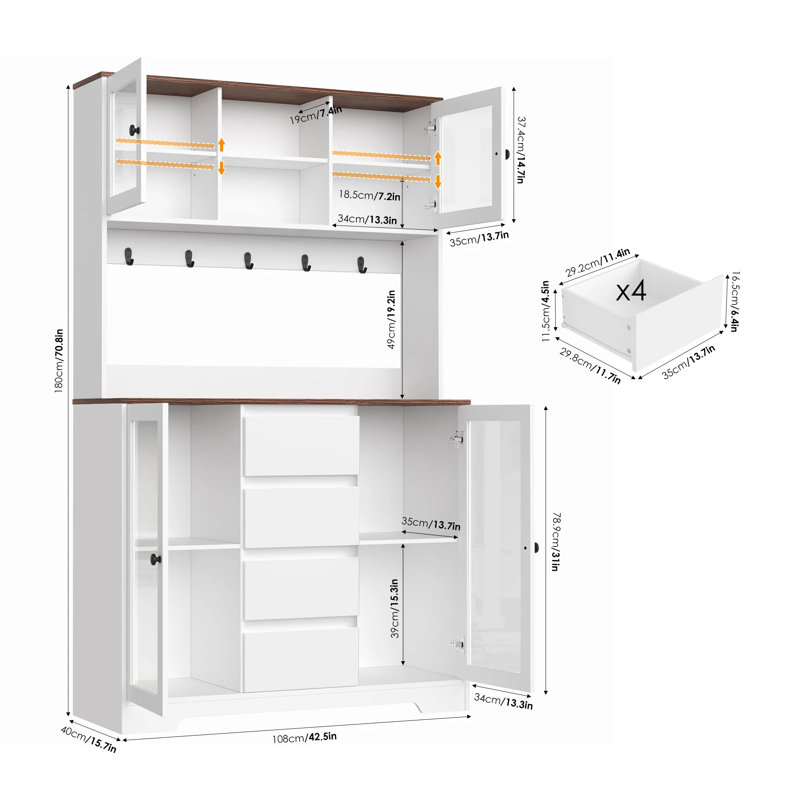 71" Standard Baker's Rack, Storage Cabinet  with Hutch, Microwave Shelf, Hooks, White