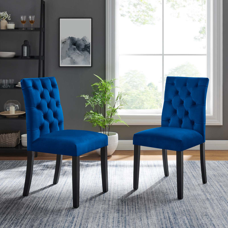 Elegant Navy Velvet Upholstered Dining Side Chair with Wooden Legs