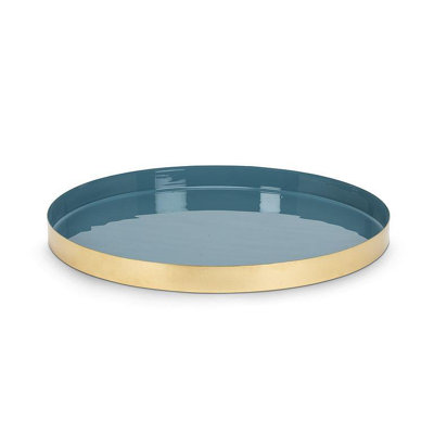  Grand plateau de service rond en émail intérieur bleu 14 pouces - extérieur en métal doré avec centre en émail ultrabrillant; Plateau lavable à la main pour les cocktails, les desserts et les tables basses