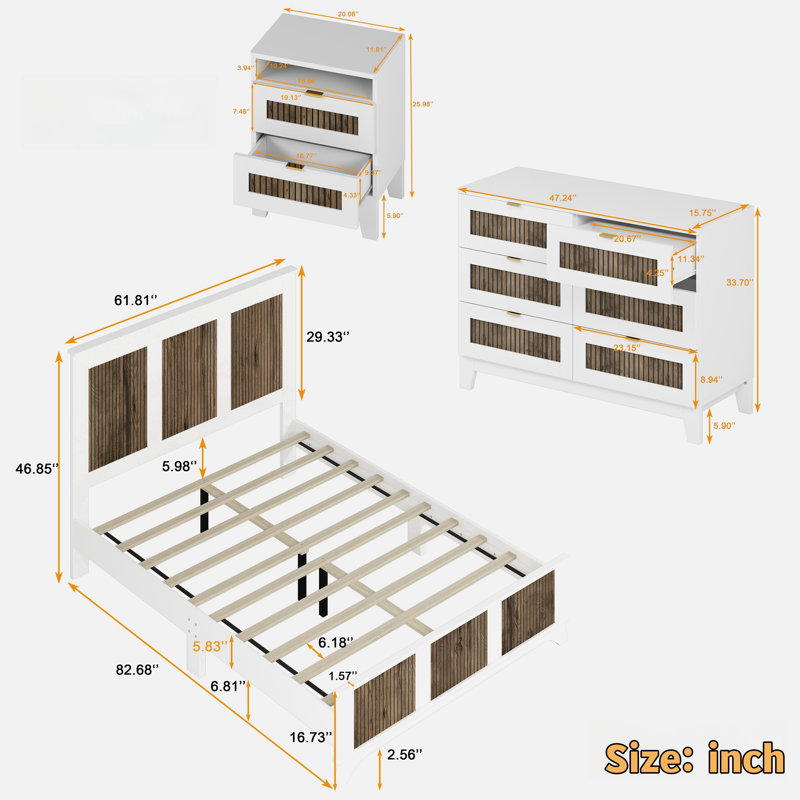 Ensemble de chambre à coucher 4 pièces Darryel: lit plateforme, 2 tables de chevet, 1 commode et décoration en bois, Blanc