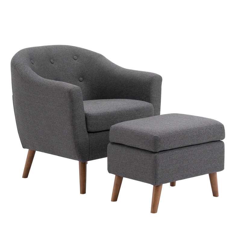 Chaise d'appoint rembourrée en lin avec repose-pieds en bois d'hévéa Arlaith, Lin gris foncé