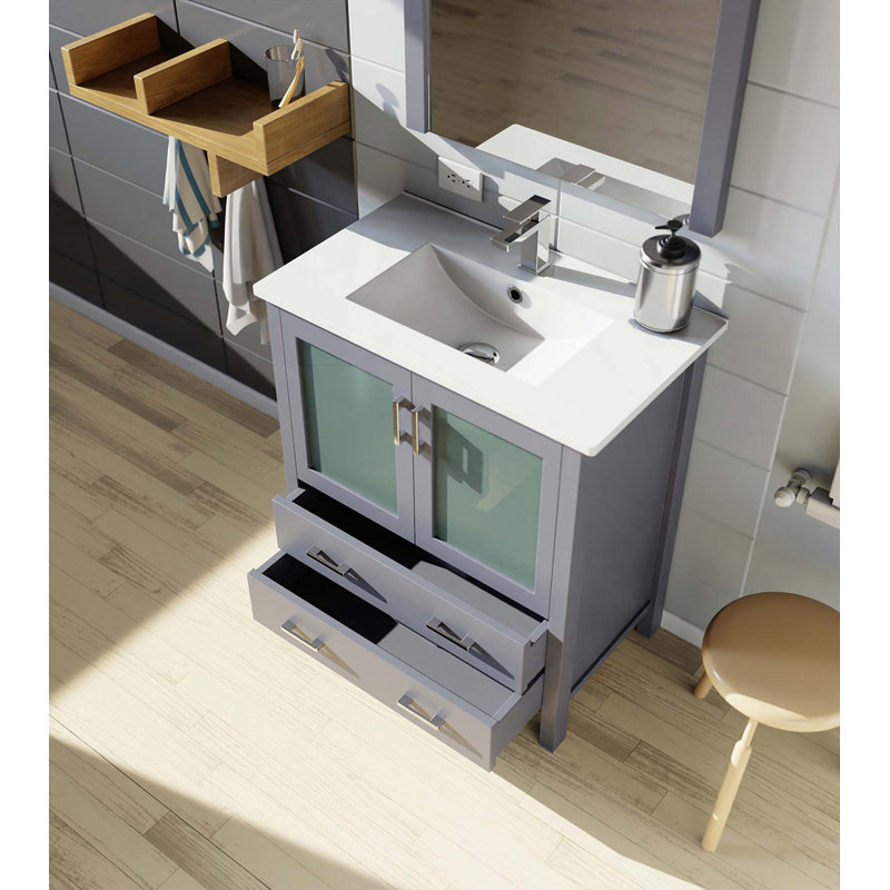 Dessus de meuble-lavabo en céramique, ensemble de robinet et miroir, 30", Gris foncé