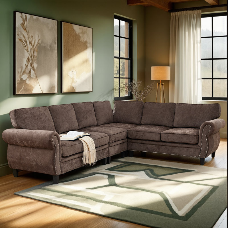 Modular 109.5" Sectional Sofa with Soft Cushions, Brown Polyester