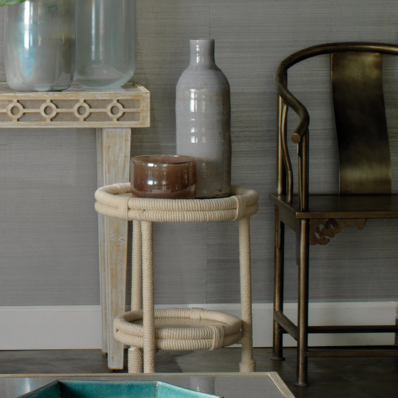 Round Off-White Rope and Glass Side Table