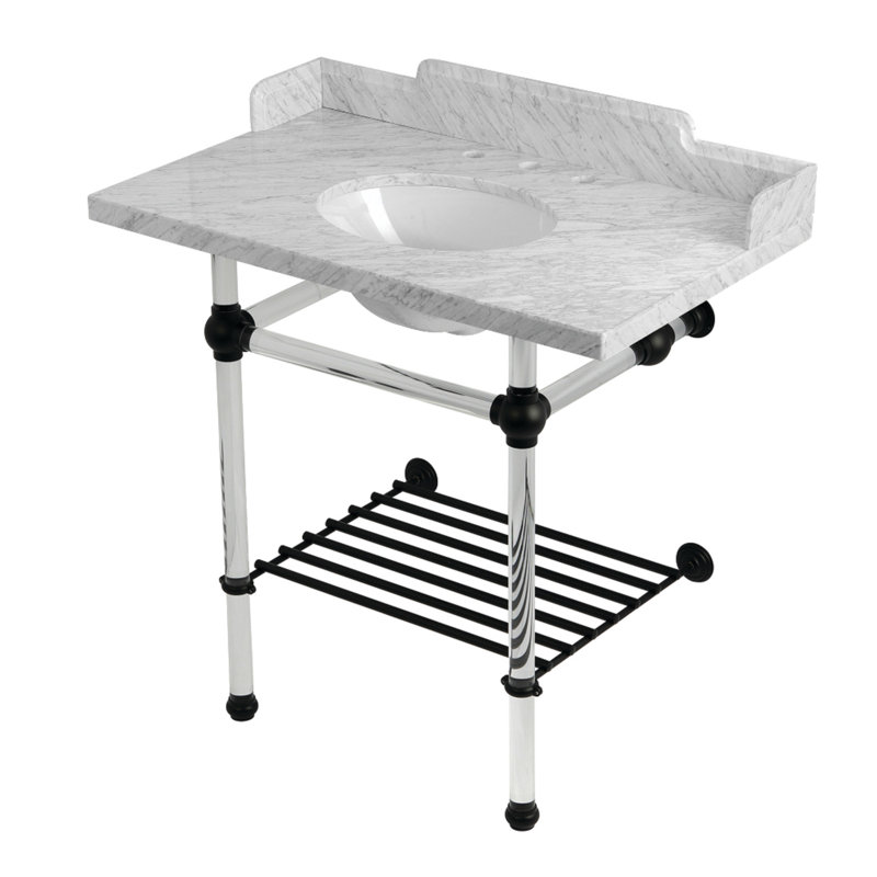 Kingston Brass Pemberton 36-Inch Carrara Marble Console Sink with Acrylic Legs and Shelf (8-Inch, 3-Hole)