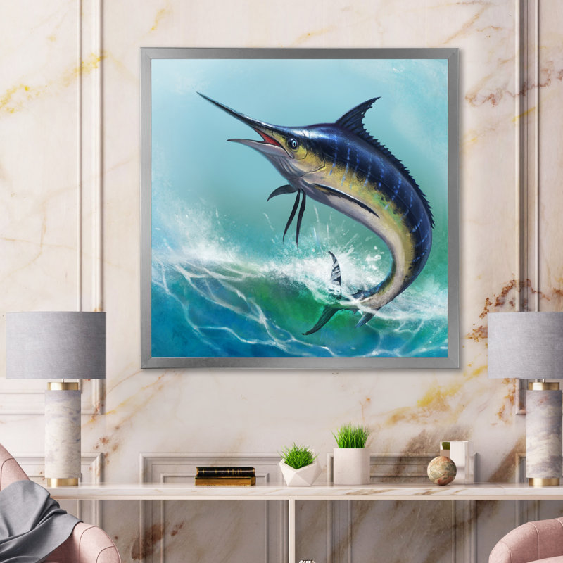 Marlin bleu dans l'océan - Peinture, H 16 po x l 16 po, Cadre photo argenté