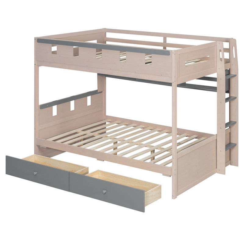Full Size Castle Style Bunk Bed with 2 Drawers,Shelf,and LED,Gray