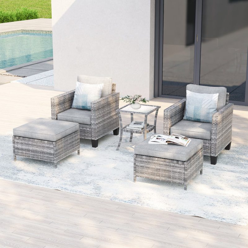 5-Piece Rattan Patio Set,  All Weather Wicker Chair w/Removable Cushion and Sturdy Frame, Gray, Linen Gray