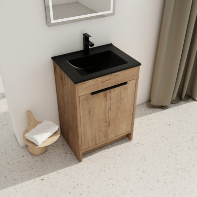 Meuble-lavabo de 24 po en céramique noire. 2 portes à fermeture en douceur, poignée en métal, tablette réglable. Meuble-lavabo autoportant en contreplaqué pour salle de bain. Lavabo, construction