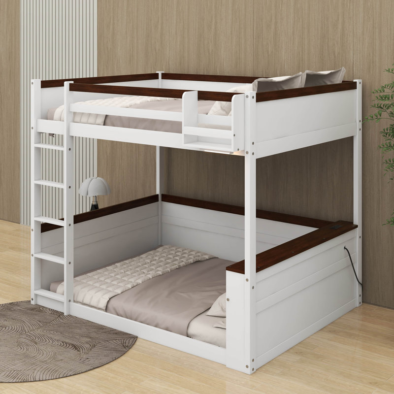 Queen Size Wooden Bunk Bed With Built-In Shelves, LED Light And USB Charging Station, White