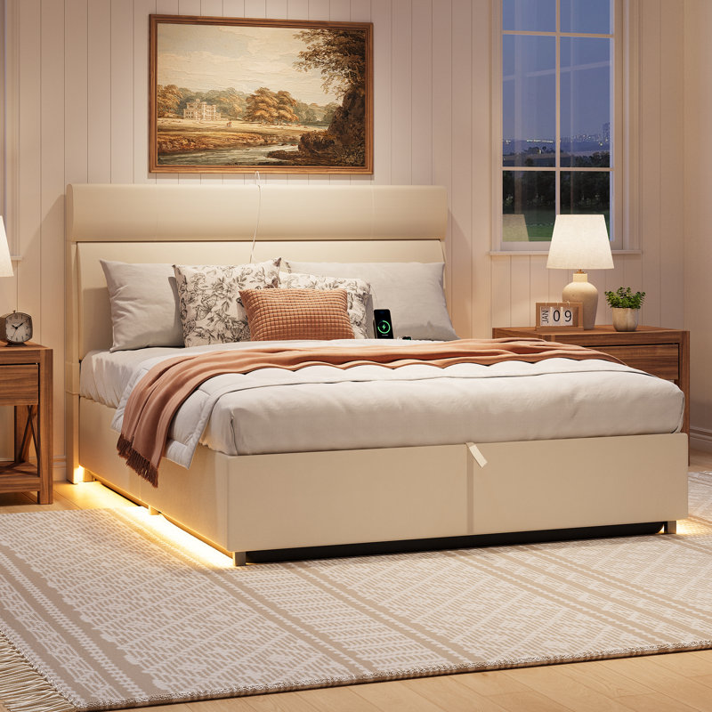 Bed Frame with Headboard, Platform Bed with Thickened Metal Frame, Lift Up Storage Bed with Motion Sensor Light, No Box Spring Needed