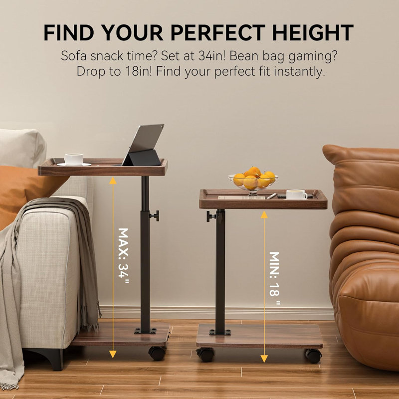 Table C réglable en hauteur avec pivotement à 360 °, table d'appoint multifonctionnelle pour le salon, la chambre à coucher, le canapé et le lit, table basse peu encombrante avec roulettes et plateau en bois robuste