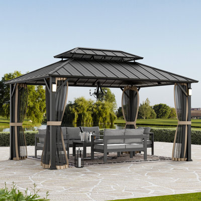 Hamilton 10' x 14' Hard Top Gazebo With Solar Self Powered LED Lights, Mosquito Netting And Canopy Hook