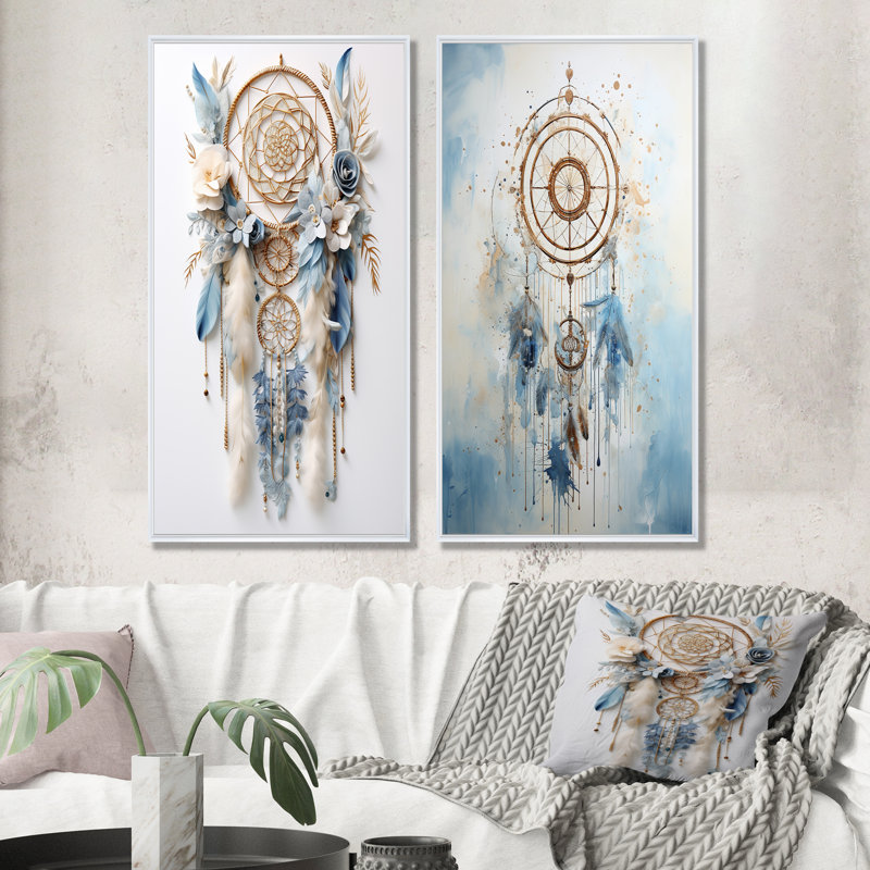 Capteur de rêves blanc et bleu Tranquility - Dream Catcher Wall Art, ensemble de 2, Cadre blanc, H 40 po x l 41 po