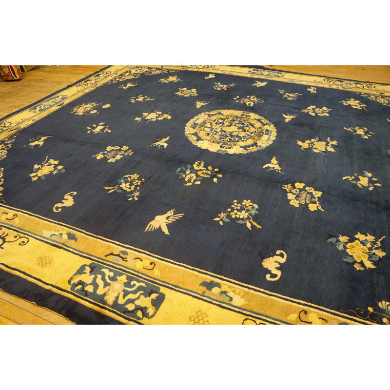Tapis antique beige, bleu, médaillon chinois des années 1920