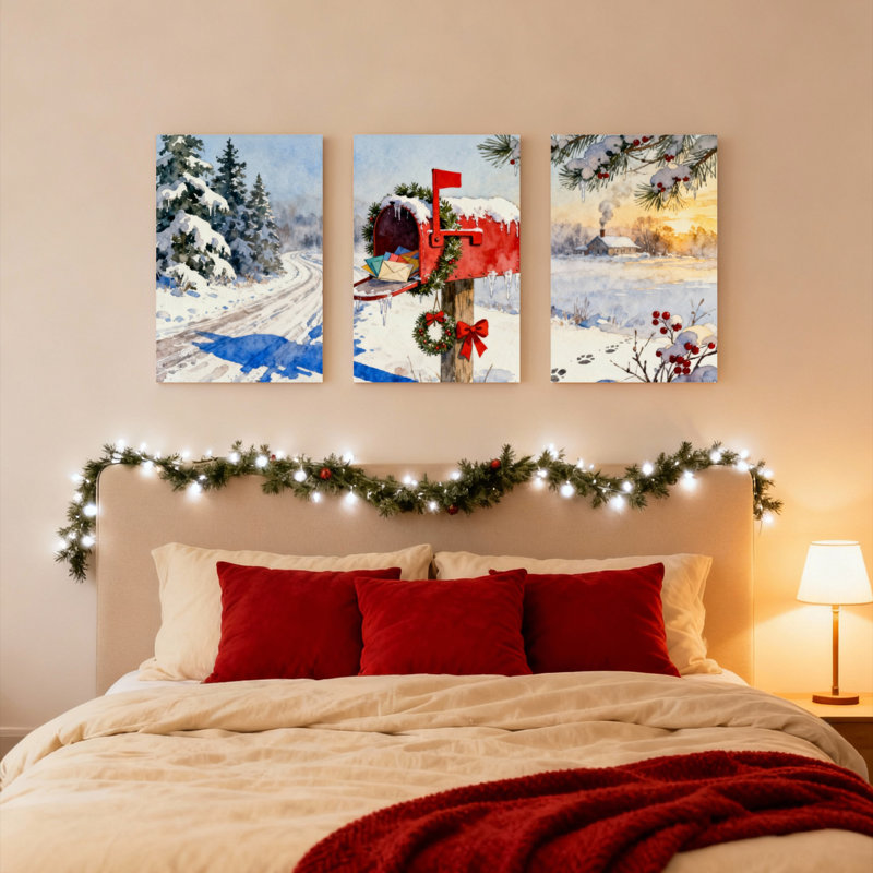 Ensemble de 3 tableaux sur toile tendue représentant un paysage d'hiver avec boîte aux lettres rouge et arbres enneigés
