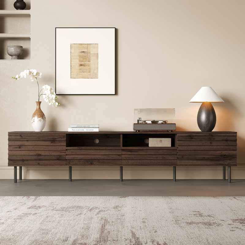 Meuble audio-vidéo moderne de 78 pouces pour 65 à 85 téléviseurs, avec rangement fermé, trous de câbles et console à charnières à fermeture douce