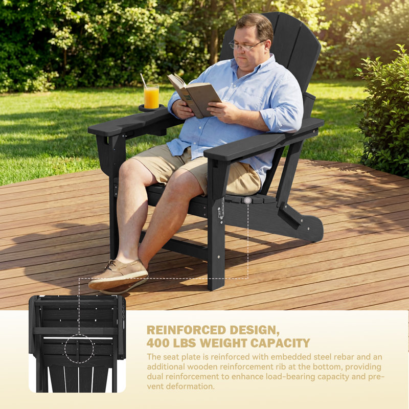 Set of 4 Adjustable Adirondack Chairs, 3-Level Wooden Textured HDPE Folding Chairs with Cup Holders for Outdoor Use at Beach, Patio, Garden, Backyard, and Campfire, Black