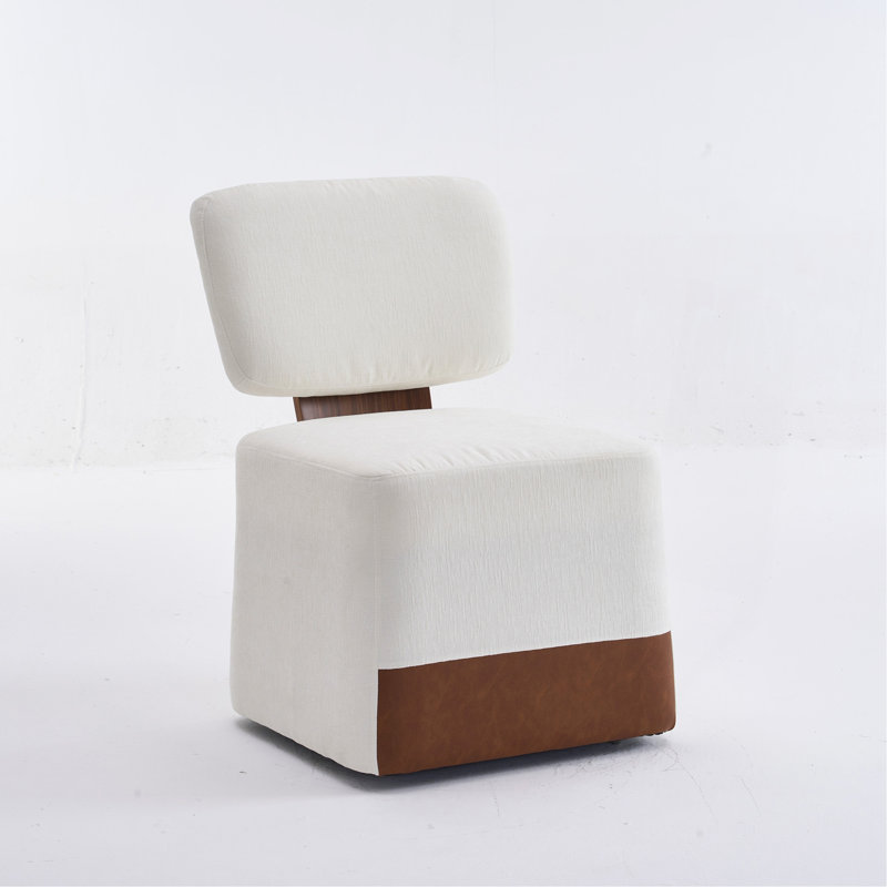 Chaise rembourrée en lin sans accoudoirs avec roulettes, ivoire, Ivoire ivoire