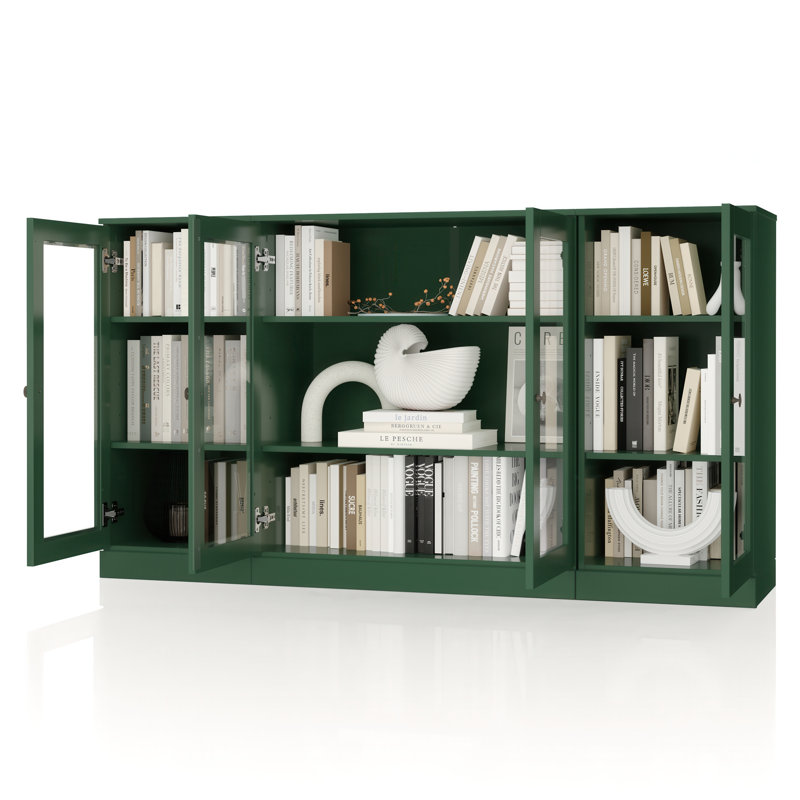100% Solid Wood 65" Sideboard with Clear Glass Doors and Adjustable Shelves, Green