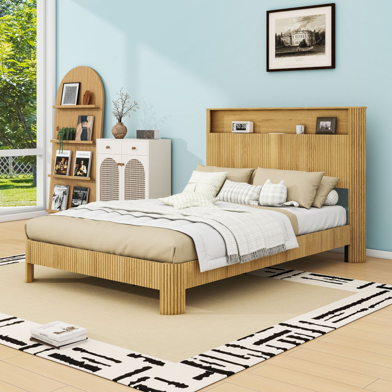 Lit plateforme en bois avec station de charge et tête de lit, Double XL, Naturel