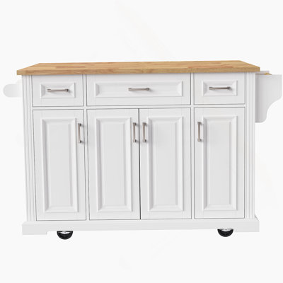 54Inch Large Kitchen Island With Rubber Wood Drop Leaf, Embossed Texture Rolling Kitchen Cart On 4 Wheels With 4 Doors And 3 Drawers, Kitchen Island With Storage For Kitchen, Dining Room,White