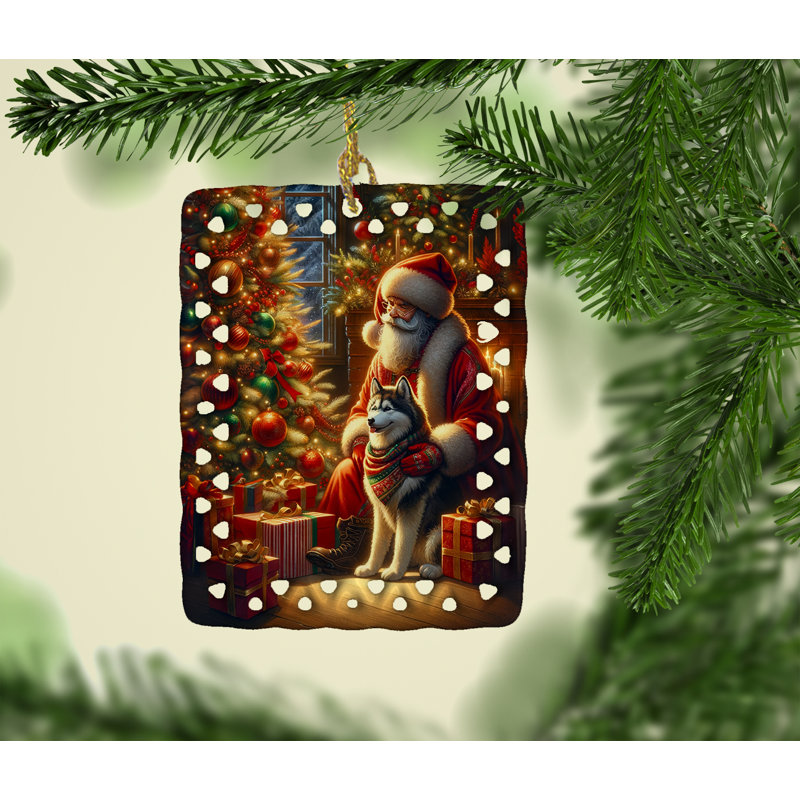 Ornement en porcelaine sibérien Husky and Santa Claus, Husky sibérien 4159