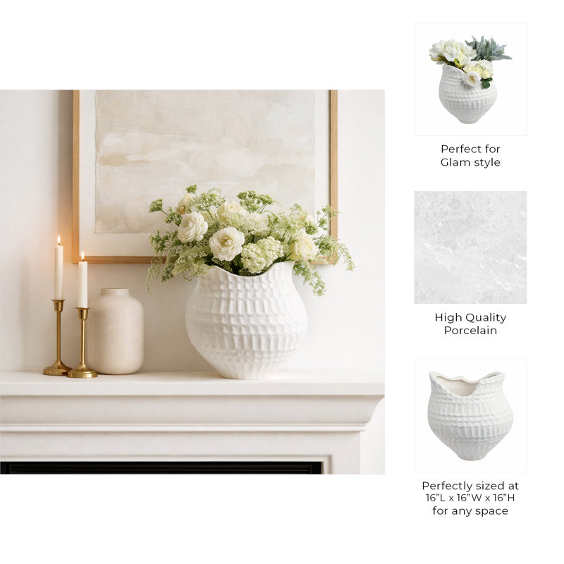 Sagebrook Home 16" Callan Large 3D Printed Porcelain Vase, Ivory, 16" H x 16" W x 16" D