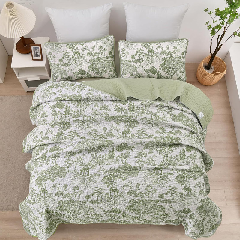 Ensemble de courtepointe à motif de plantes 3 pièces Botanical Toile, Courtepointe très grand et 2 très grandes taies, Vert