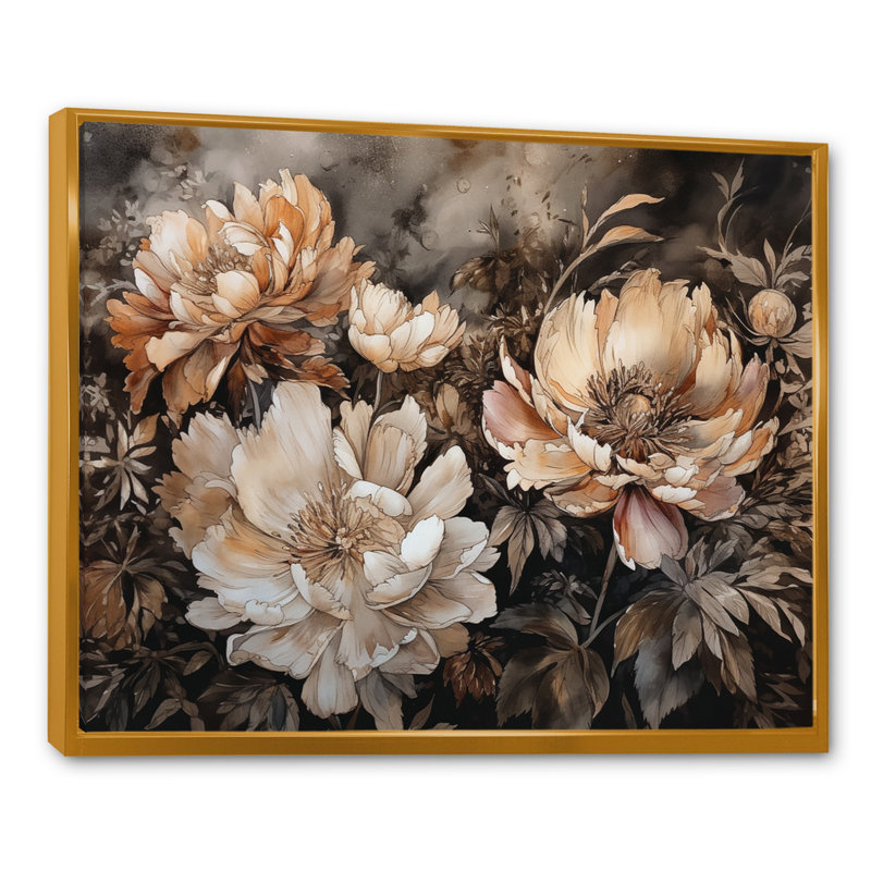 Reproduction sur toile encadrée de pivoines crème et brunes - pivoines, H 24 po x l 32 po x P 1 po, Cadre flottant doré