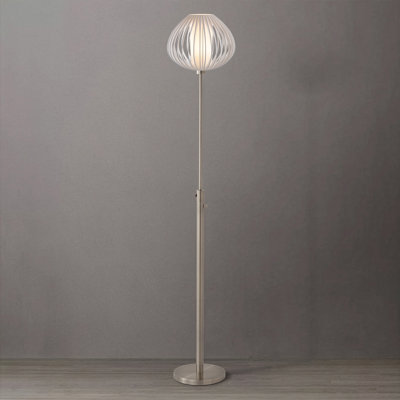 Lampe torchère moderne avec abat-jour sphérique en acier satiné blanc, corps et base en acier nickel satiné, hauteur de 72 pouces, gradateur de pied de sol, compatible avec DEL